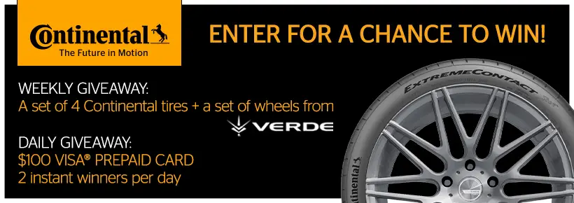 Win $100 Visa GCs and Sets of Tires in the Continental Tire Winter Giveaway Instant Win Game - 120 Winners! Continental Tire Winter Giveaway